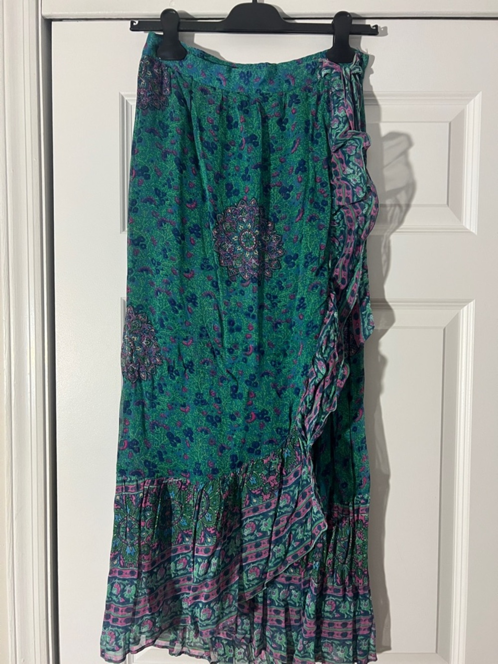 Anthropologie Green Floral Wrap Maxi Skirt with Purple Accents